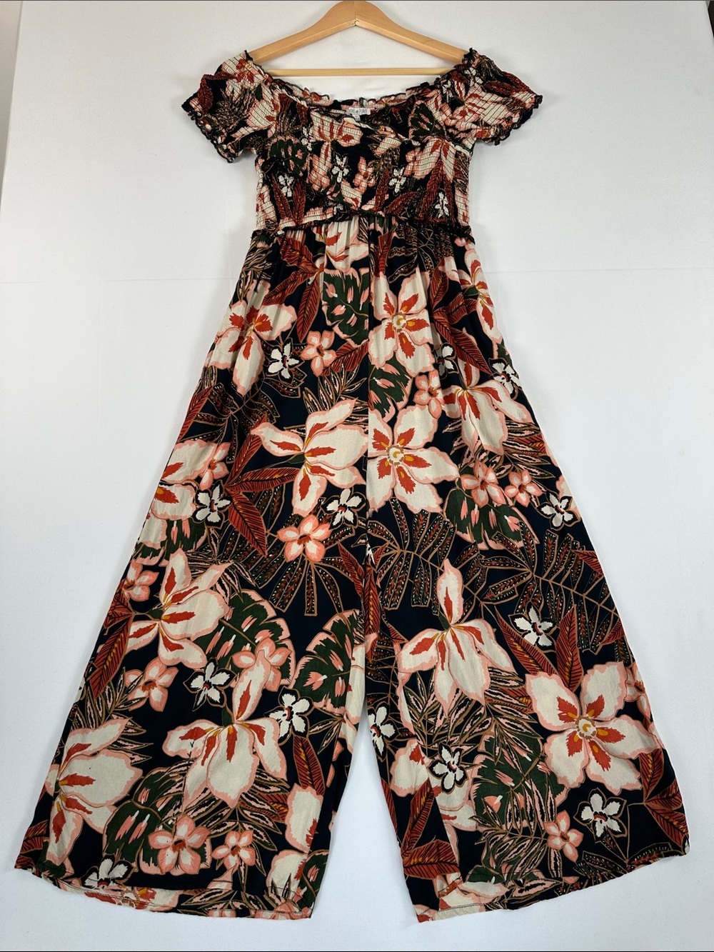 Patrons of Peace Floral Off Shoulder Jumpsuit Rayon Wide Leg Boho Summer Size S